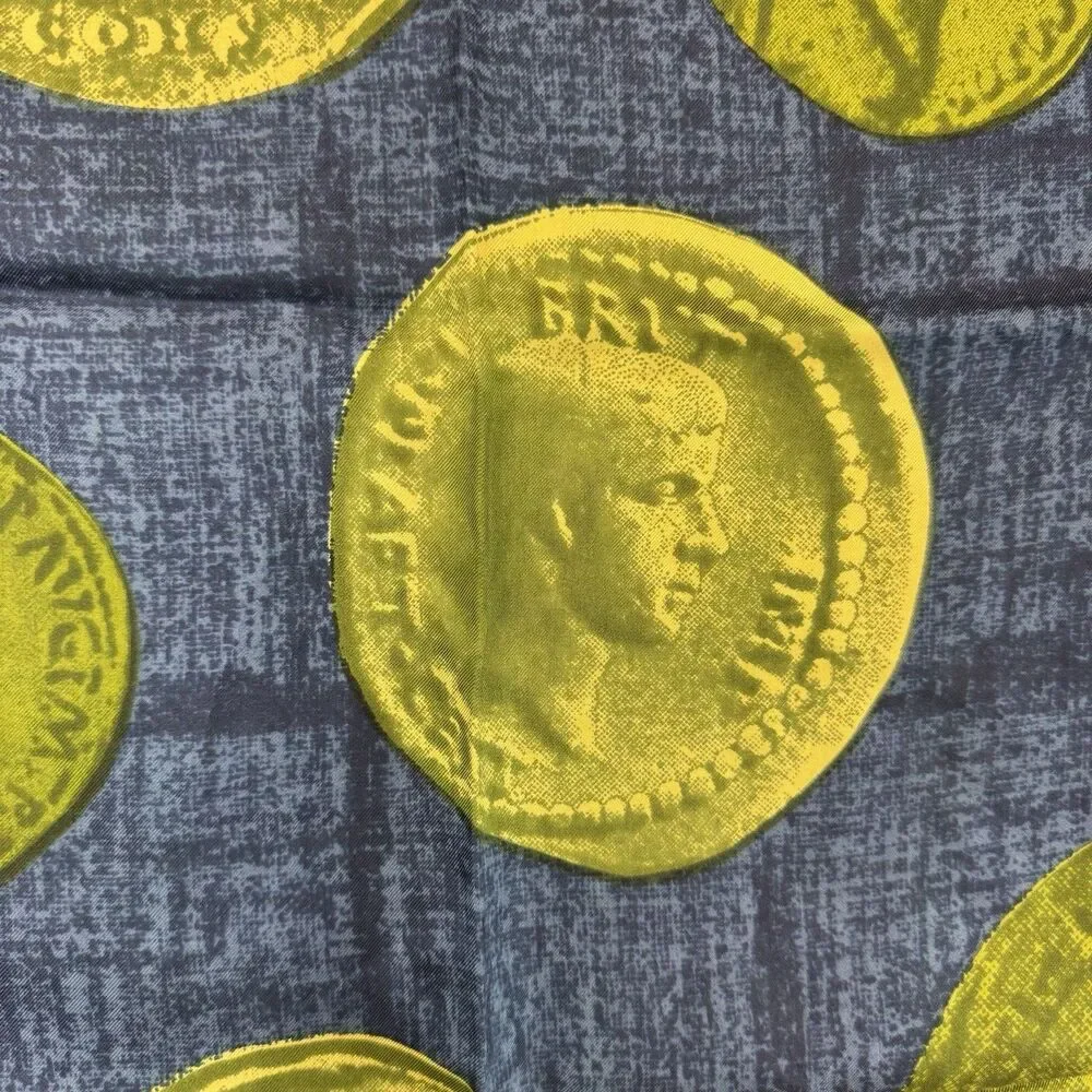 Vintage Louis Feraud Paris Silk Scarf Blue Gold Roman Coin Print 31” Square